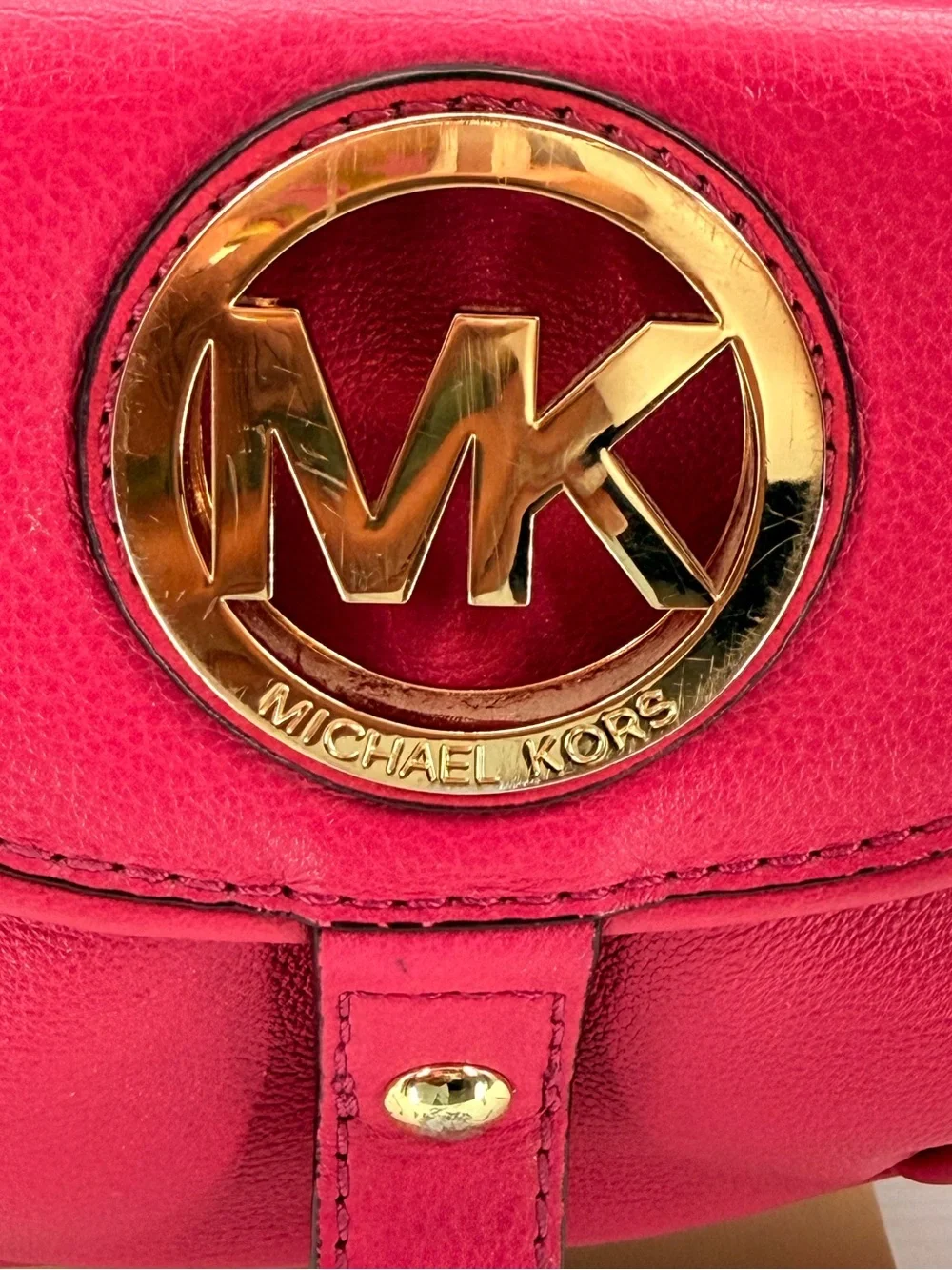 MICHAEL KORS Hot Pink Leather Hobo Shoulder Bag Gold MK Logo